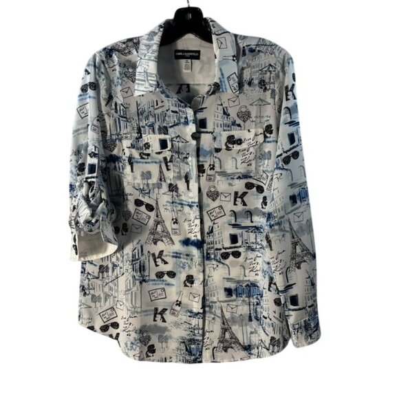 Karl Lagerfeld Paris Womens Graphic Print Long Sleeve Button-Down Shirt M 100% P - Picture 9 of 13